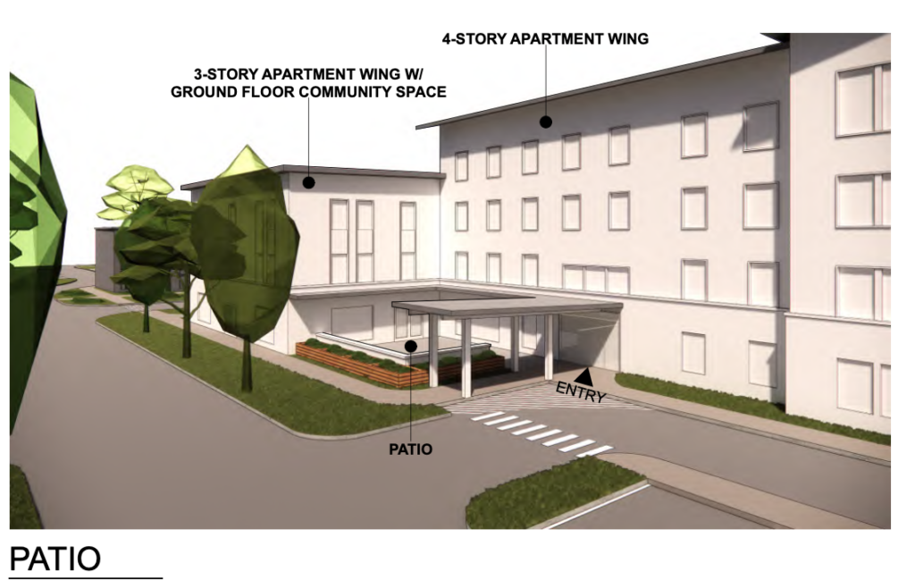 Main building entrance from parking lot | WJW Concept: Subject to change