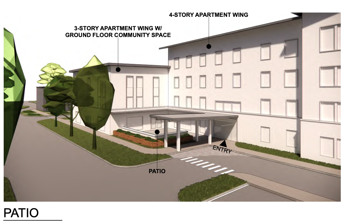 Main building entrance from parking lot | WJW Concept: Subject to change